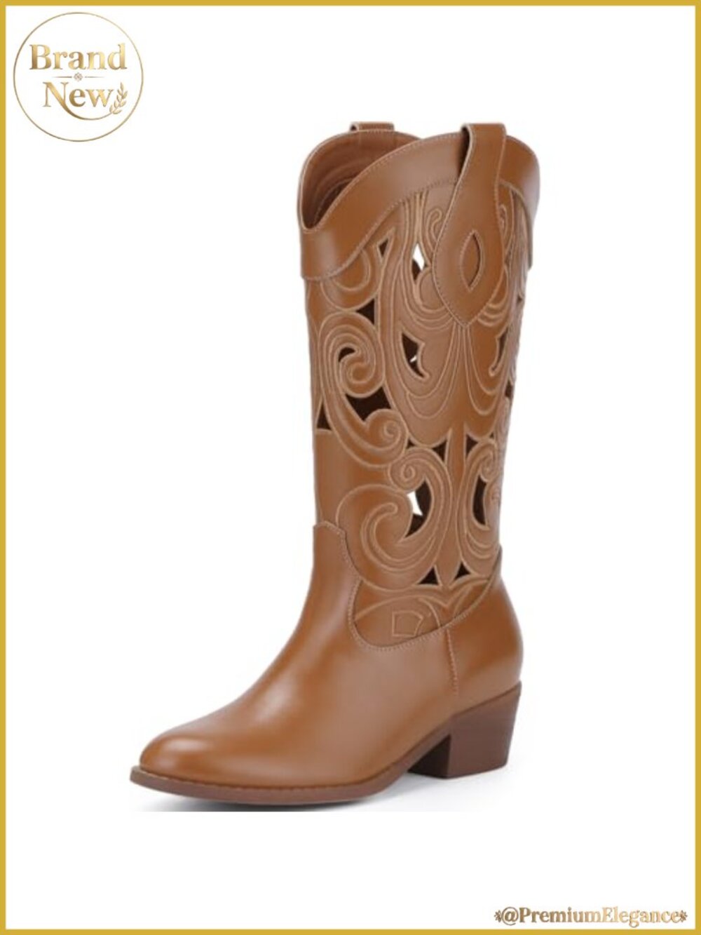 Women's Cowboy Boots Cutout Embroidered Synthetic Leather Mid Calf Western